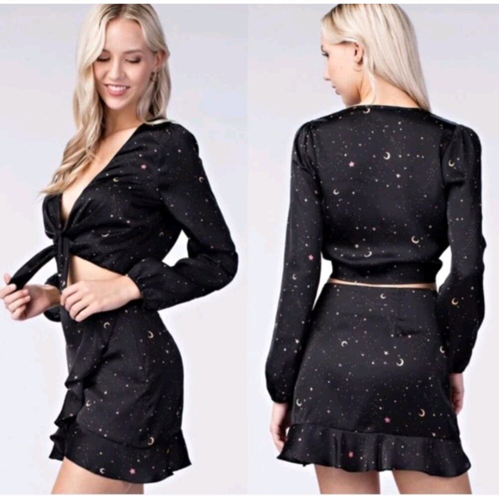 Honey Punch Celestial Skirt Set Stars Moon Black Gold Satin Crop Tie Top XS Goth
